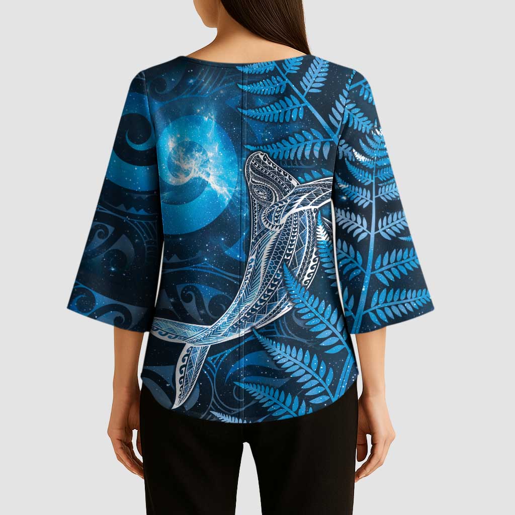 New Zealand Matariki Kimono Sleeve Blouse Maori Koru With Humpback Whale Blue