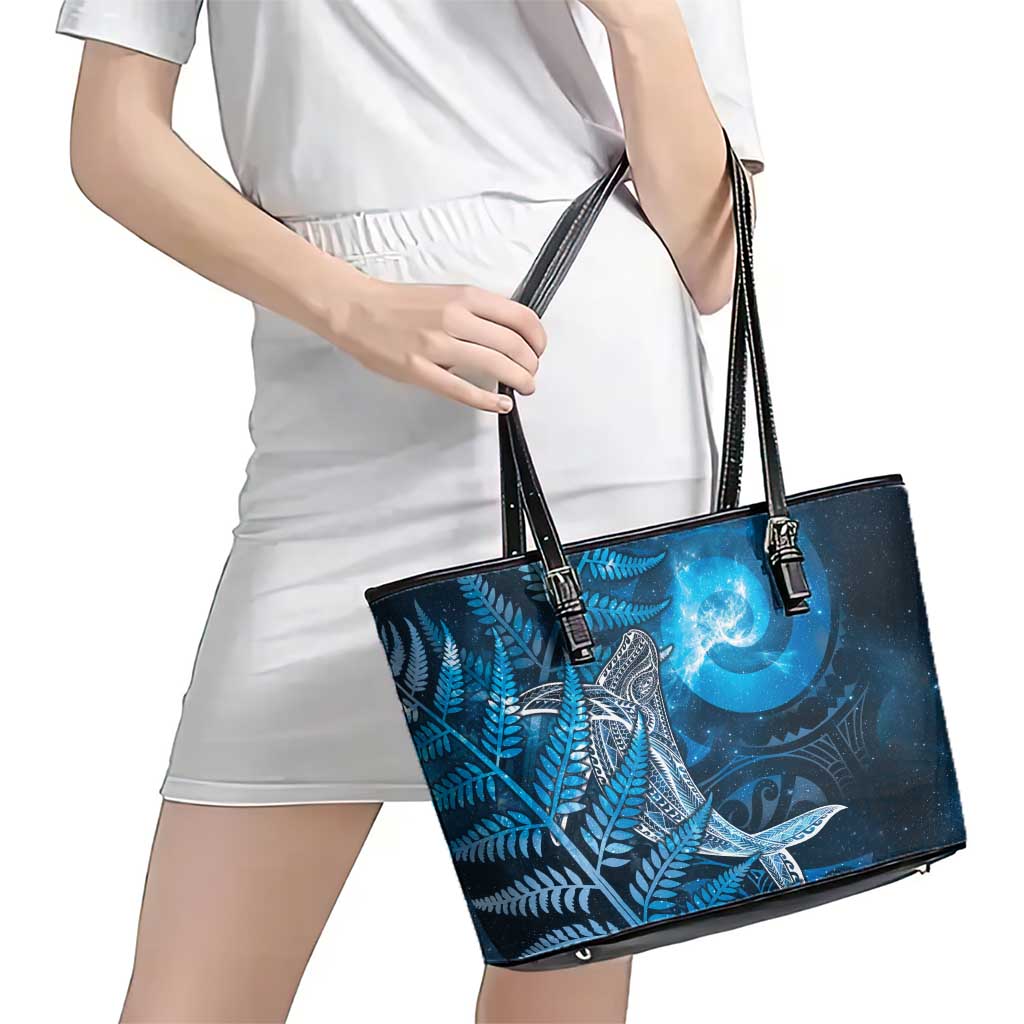 New Zealand Matariki Leather Tote Bag Maori Koru With Humpback Whale Blue