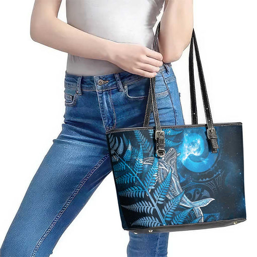 New Zealand Matariki Leather Tote Bag Maori Koru With Humpback Whale Blue