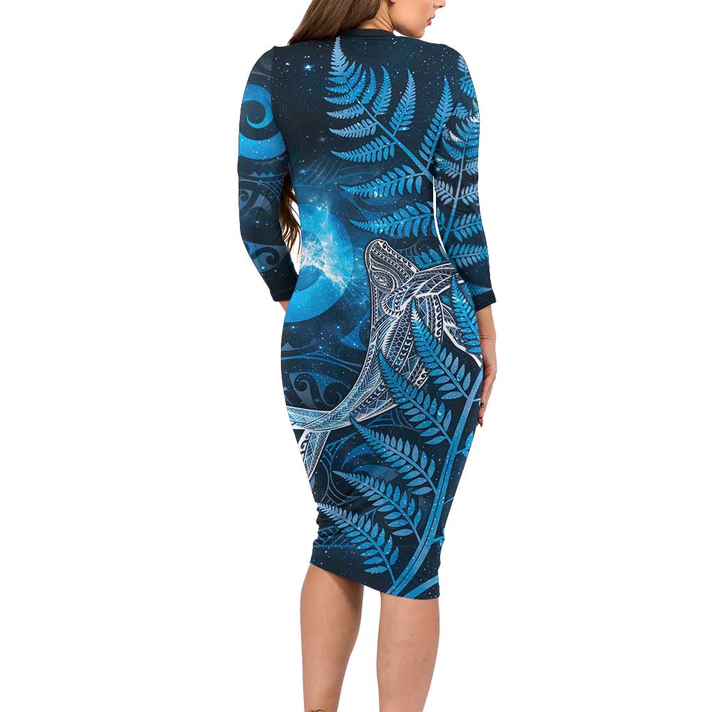 New Zealand Matariki Long Sleeve Bodycon Dress Maori Koru With Humpback Whale Blue