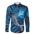 New Zealand Matariki Long Sleeve Button Shirt Maori Koru With Humpback Whale Blue