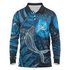 New Zealand Matariki Long Sleeve Polo Shirt Maori Koru With Humpback Whale Blue
