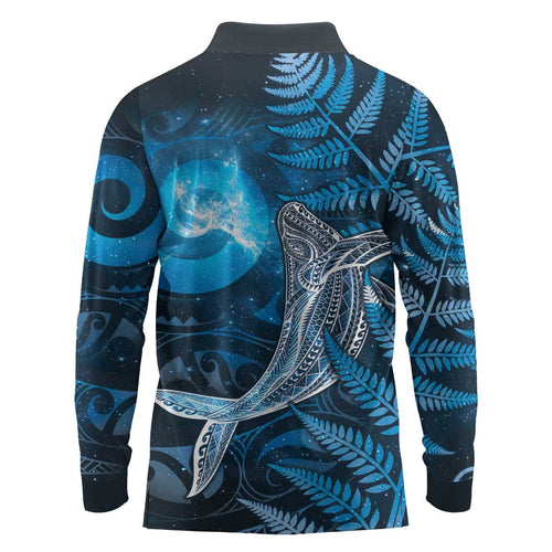 New Zealand Matariki Long Sleeve Polo Shirt Maori Koru With Humpback Whale Blue