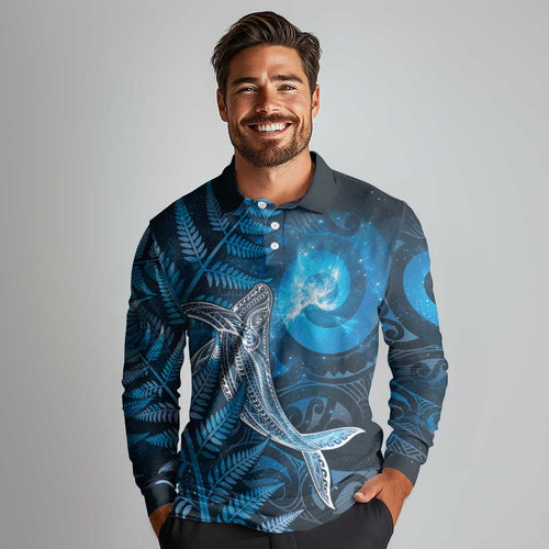 New Zealand Matariki Long Sleeve Polo Shirt Maori Koru With Humpback Whale Blue
