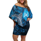 New Zealand Matariki Off Shoulder Short Dress Maori Koru With Humpback Whale Blue