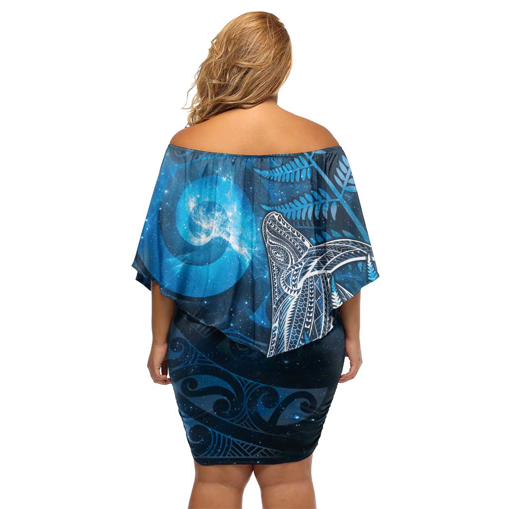 New Zealand Matariki Off Shoulder Short Dress Maori Koru With Humpback Whale Blue