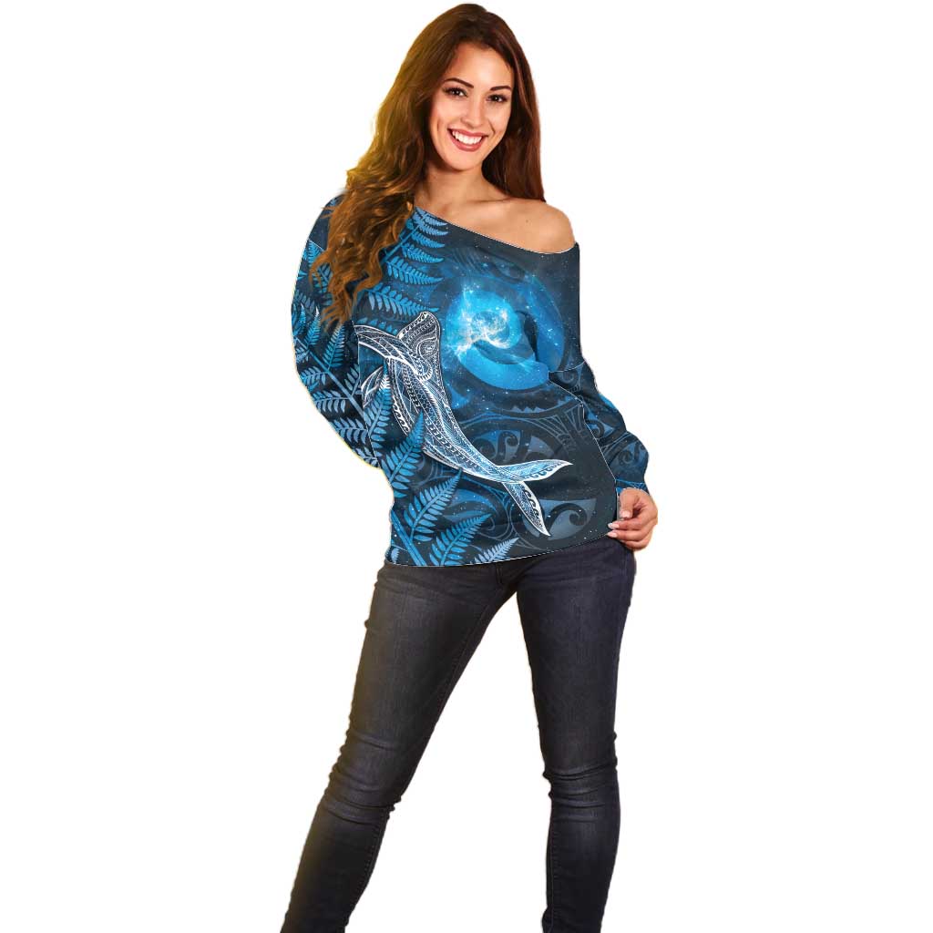 New Zealand Matariki Off Shoulder Sweater Maori Koru With Humpback Whale Blue