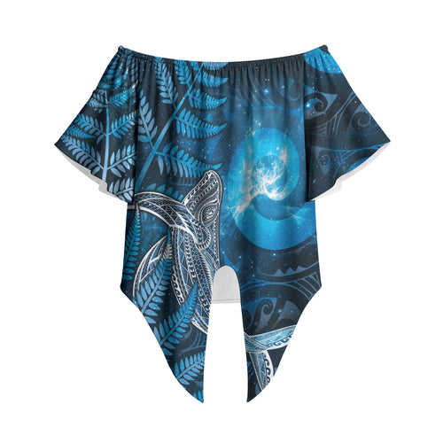 New Zealand Matariki Off Shoulder Wrap Waist Top Maori Koru With Humpback Whale Blue