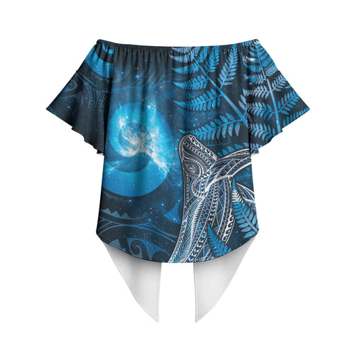 New Zealand Matariki Off Shoulder Wrap Waist Top Maori Koru With Humpback Whale Blue