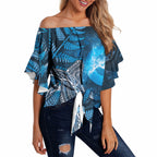 New Zealand Matariki Off Shoulder Wrap Waist Top Maori Koru With Humpback Whale Blue