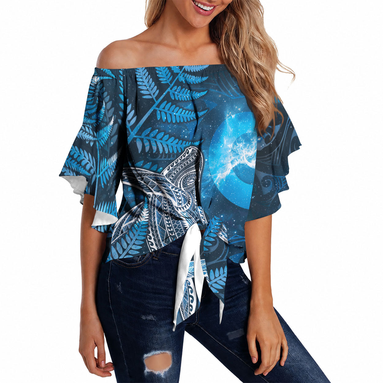 New Zealand Matariki Off Shoulder Wrap Waist Top Maori Koru With Humpback Whale Blue