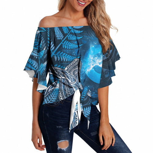 New Zealand Matariki Off Shoulder Wrap Waist Top Maori Koru With Humpback Whale Blue