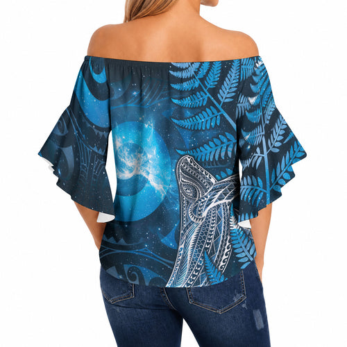 New Zealand Matariki Off Shoulder Wrap Waist Top Maori Koru With Humpback Whale Blue