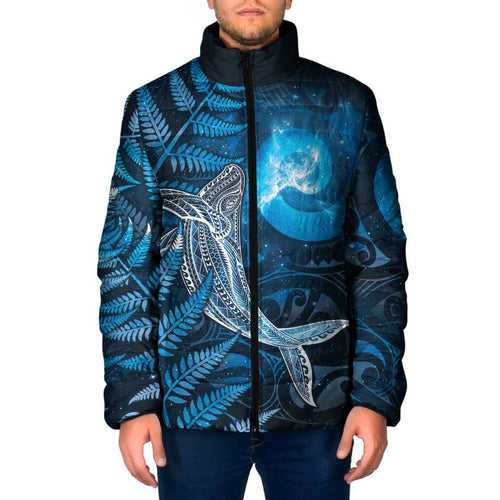 New Zealand Matariki Padded Jacket Maori Koru With Humpback Whale Blue