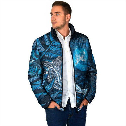New Zealand Matariki Padded Jacket Maori Koru With Humpback Whale Blue