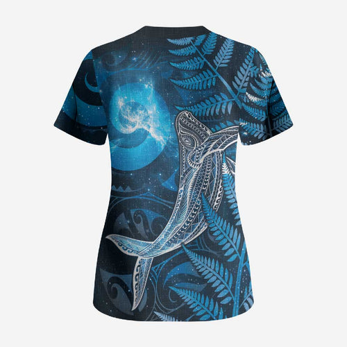 New Zealand Matariki Scrub Top Maori Koru With Humpback Whale Blue