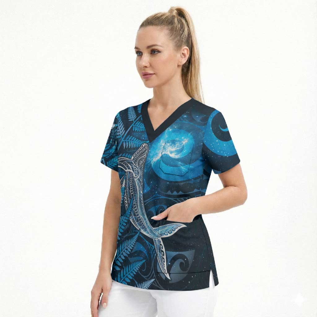 New Zealand Matariki Scrub Top Maori Koru With Humpback Whale Blue
