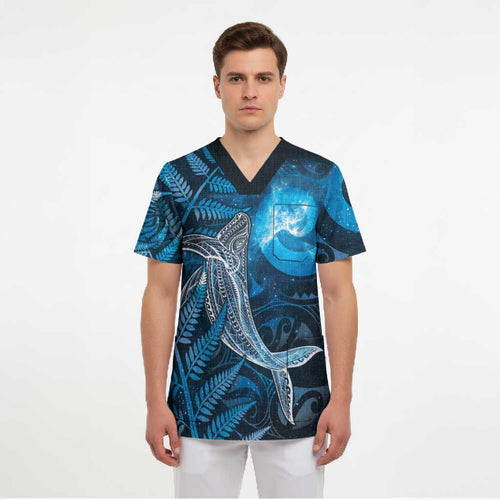New Zealand Matariki Scrub Top Maori Koru With Humpback Whale Blue