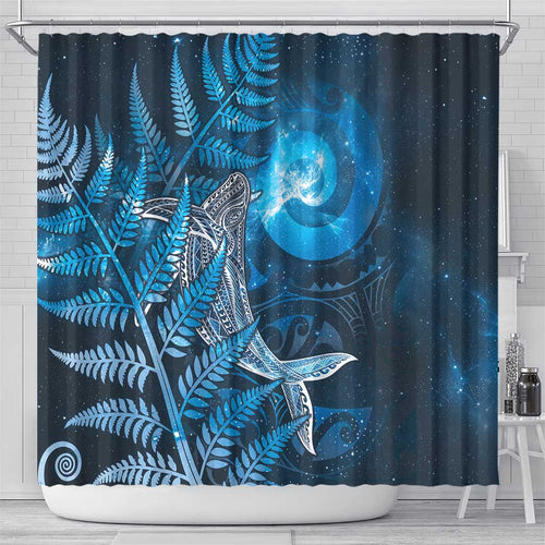 New Zealand Matariki Shower Curtain Maori Koru With Humpback Whale Blue