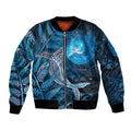 New Zealand Matariki Sleeve Zip Bomber Jacket Maori Koru With Humpback Whale Blue