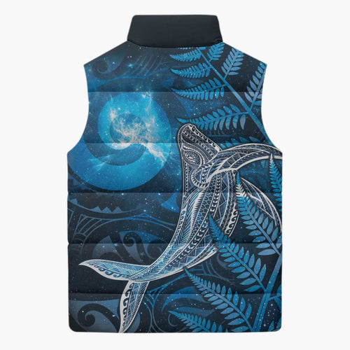 New Zealand Matariki Sleeveless Puffer Jacket Maori Koru With Humpback Whale Blue