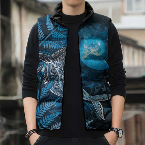 New Zealand Matariki Sleeveless Puffer Jacket Maori Koru With Humpback Whale Blue