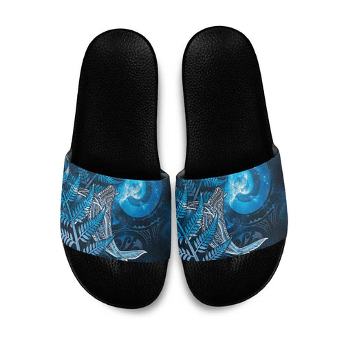 New Zealand Matariki Slide Sandals Maori Koru With Humpback Whale Blue