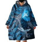 New Zealand Matariki Wearable Blanket Hoodie Maori Koru With Humpback Whale Blue