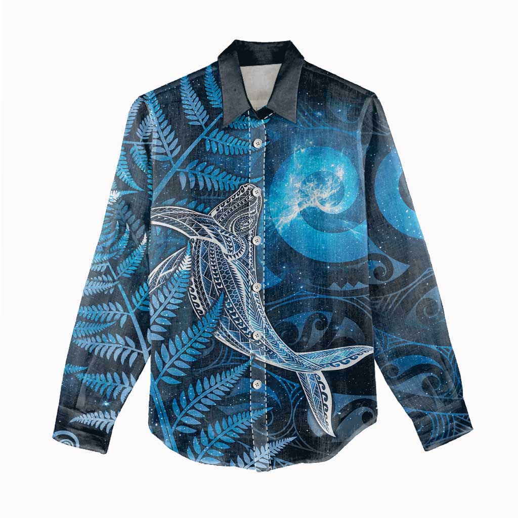 New Zealand Matariki Women Casual Shirt Maori Koru With Humpback Whale Blue