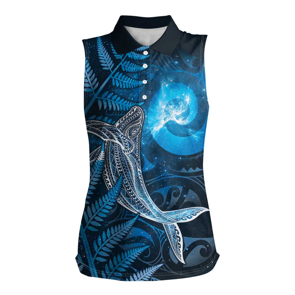 New Zealand Matariki Women Sleeveless Polo Shirt Maori Koru With Humpback Whale Blue