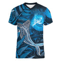 New Zealand Matariki Women V-Neck T-Shirt Maori Koru With Humpback Whale Blue