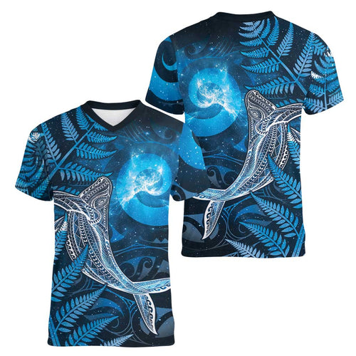 New Zealand Matariki Women V-Neck T-Shirt Maori Koru With Humpback Whale Blue