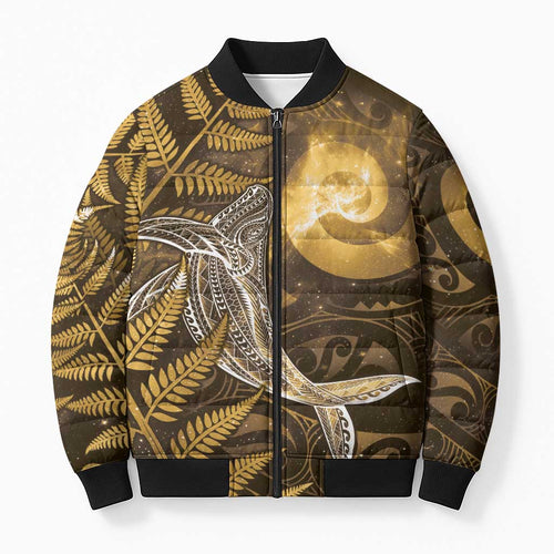 New Zealand Matariki Bomber Puffer Jacket Maori Koru With Humpback Whale Gold