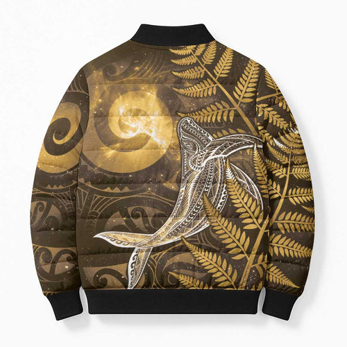 New Zealand Matariki Bomber Puffer Jacket Maori Koru With Humpback Whale Gold