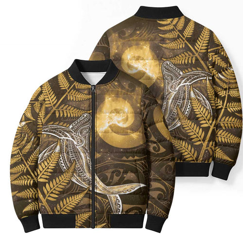 New Zealand Matariki Bomber Puffer Jacket Maori Koru With Humpback Whale Gold