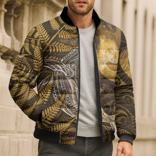 New Zealand Matariki Bomber Puffer Jacket Maori Koru With Humpback Whale Gold