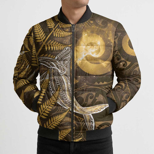 New Zealand Matariki Bomber Puffer Jacket Maori Koru With Humpback Whale Gold