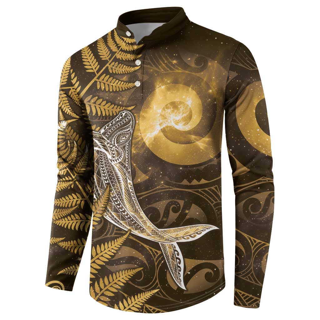 New Zealand Matariki Button Sweatshirt Maori Koru With Humpback Whale Gold