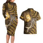 New Zealand Matariki Couples Matching Long Sleeve Bodycon Dress and Hawaiian Shirt Maori Koru With Humpback Whale Gold