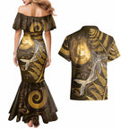 New Zealand Matariki Couples Matching Mermaid Dress and Hawaiian Shirt Maori Koru With Humpback Whale Gold