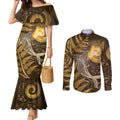 New Zealand Matariki Couples Matching Mermaid Dress and Long Sleeve Button Shirt Maori Koru With Humpback Whale Gold