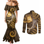 New Zealand Matariki Couples Matching Mermaid Dress and Long Sleeve Button Shirt Maori Koru With Humpback Whale Gold