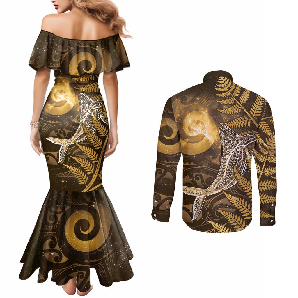 New Zealand Matariki Couples Matching Mermaid Dress and Long Sleeve Button Shirt Maori Koru With Humpback Whale Gold
