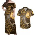 New Zealand Matariki Couples Matching Off Shoulder Maxi Dress and Hawaiian Shirt Maori Koru With Humpback Whale Gold