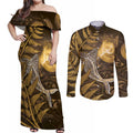 New Zealand Matariki Couples Matching Off Shoulder Maxi Dress and Long Sleeve Button Shirt Maori Koru With Humpback Whale Gold