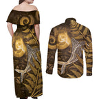 New Zealand Matariki Couples Matching Off Shoulder Maxi Dress and Long Sleeve Button Shirt Maori Koru With Humpback Whale Gold