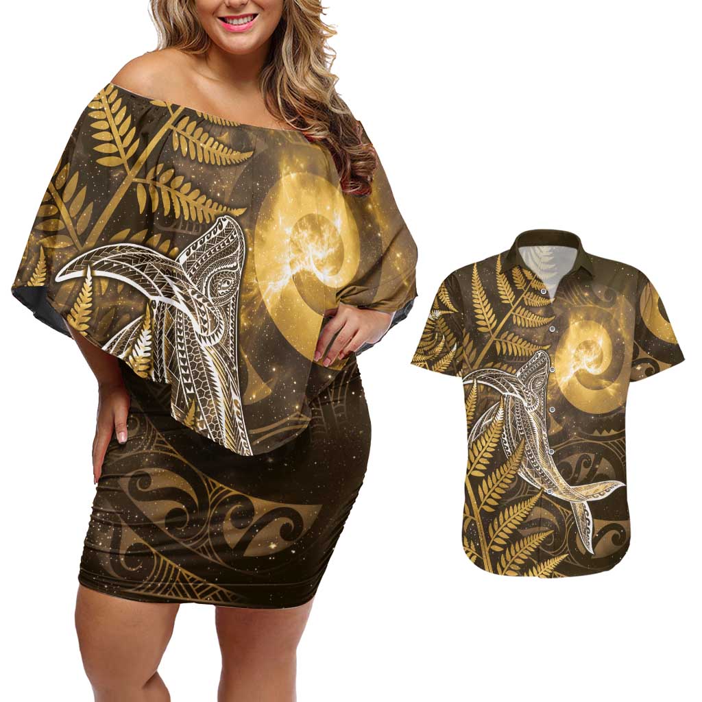 New Zealand Matariki Couples Matching Off Shoulder Short Dress and Hawaiian Shirt Maori Koru With Humpback Whale Gold