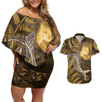 New Zealand Matariki Couples Matching Off Shoulder Short Dress and Hawaiian Shirt Maori Koru With Humpback Whale Gold