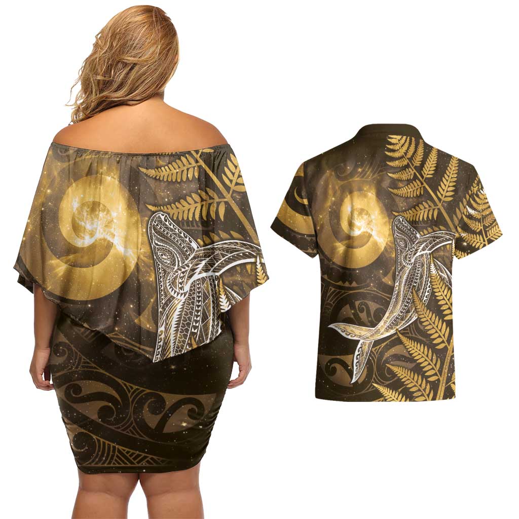 New Zealand Matariki Couples Matching Off Shoulder Short Dress and Hawaiian Shirt Maori Koru With Humpback Whale Gold