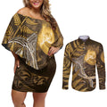 New Zealand Matariki Couples Matching Off Shoulder Short Dress and Long Sleeve Button Shirt Maori Koru With Humpback Whale Gold